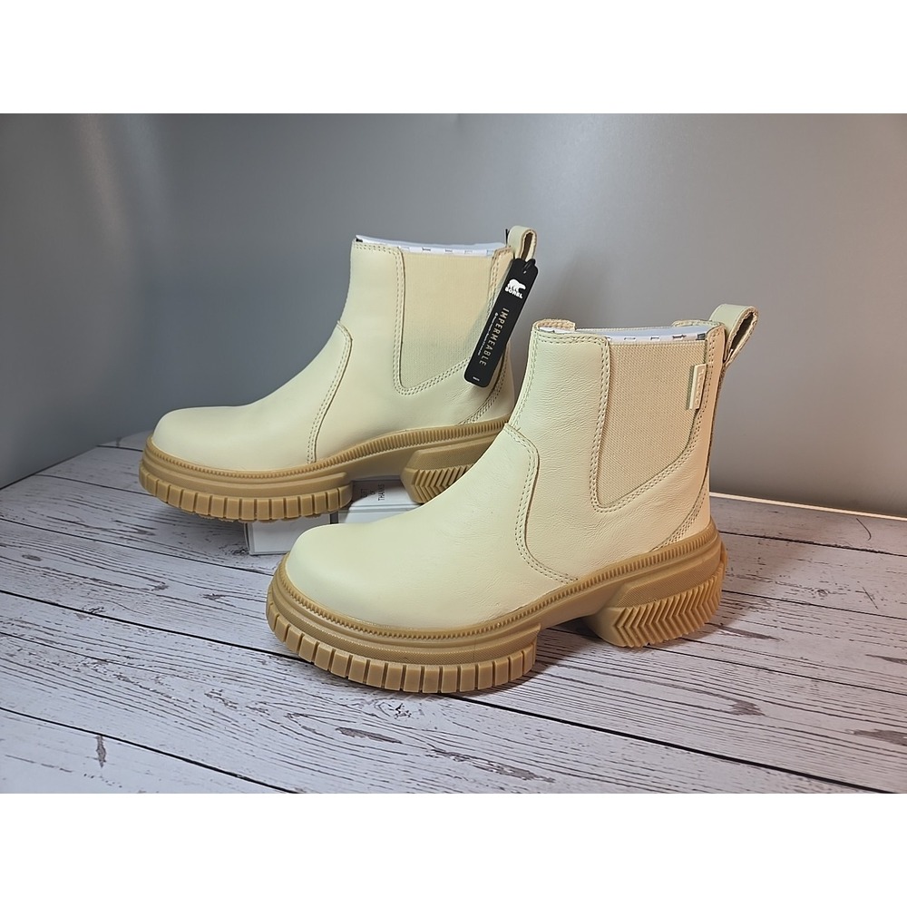 Sorel Women's 7‎ Boots Leather Chelsea Cream Gum Chunky Waterproof Mod Grunge